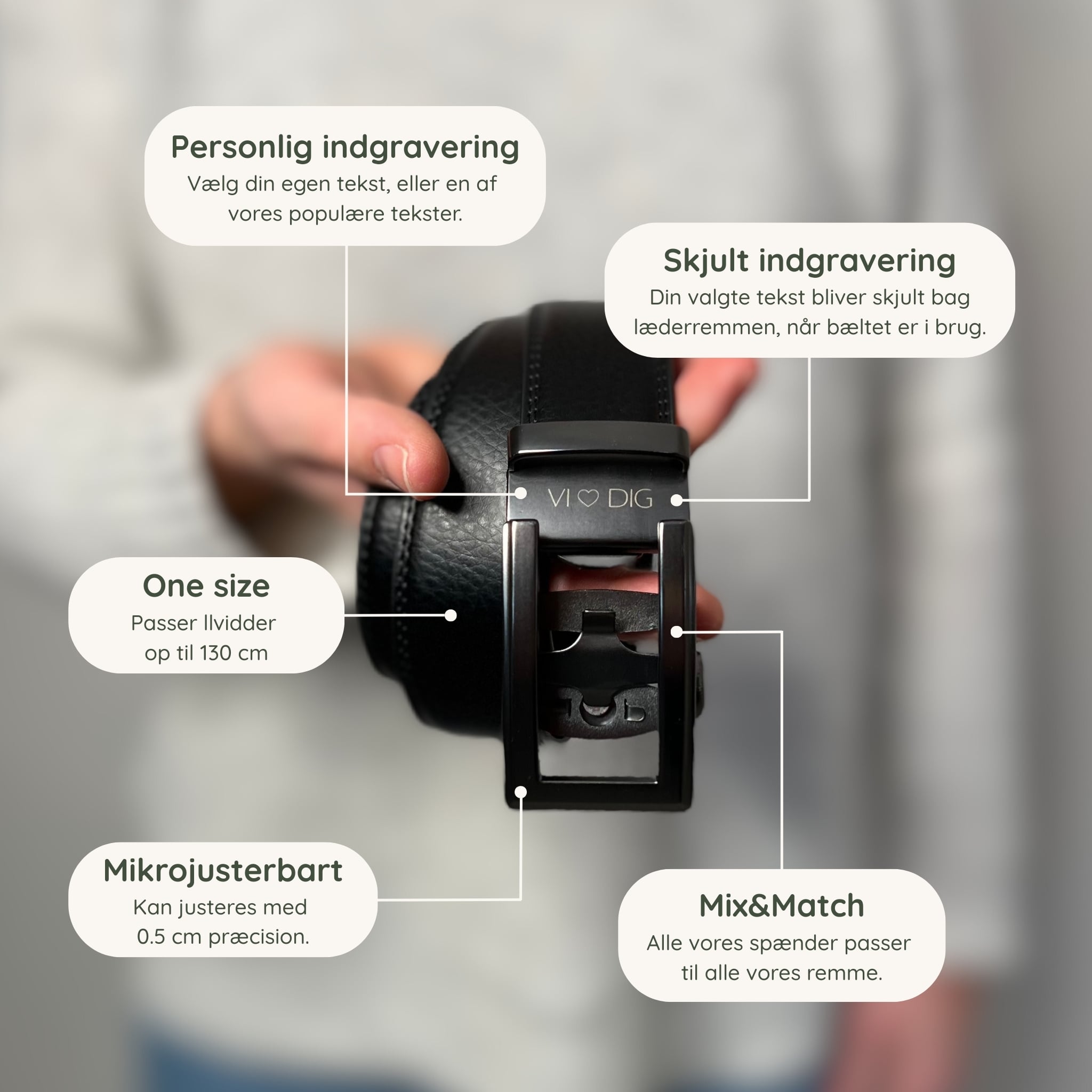 Læderbælte uden huller med personlig indgravering